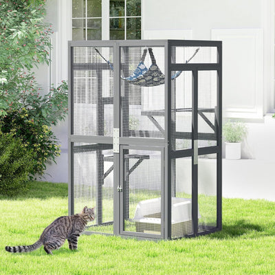 Catio Outdoor Cat Enclosure, Outdoor Cat House with Window Access, Patio Kitty Shelter (Grey)