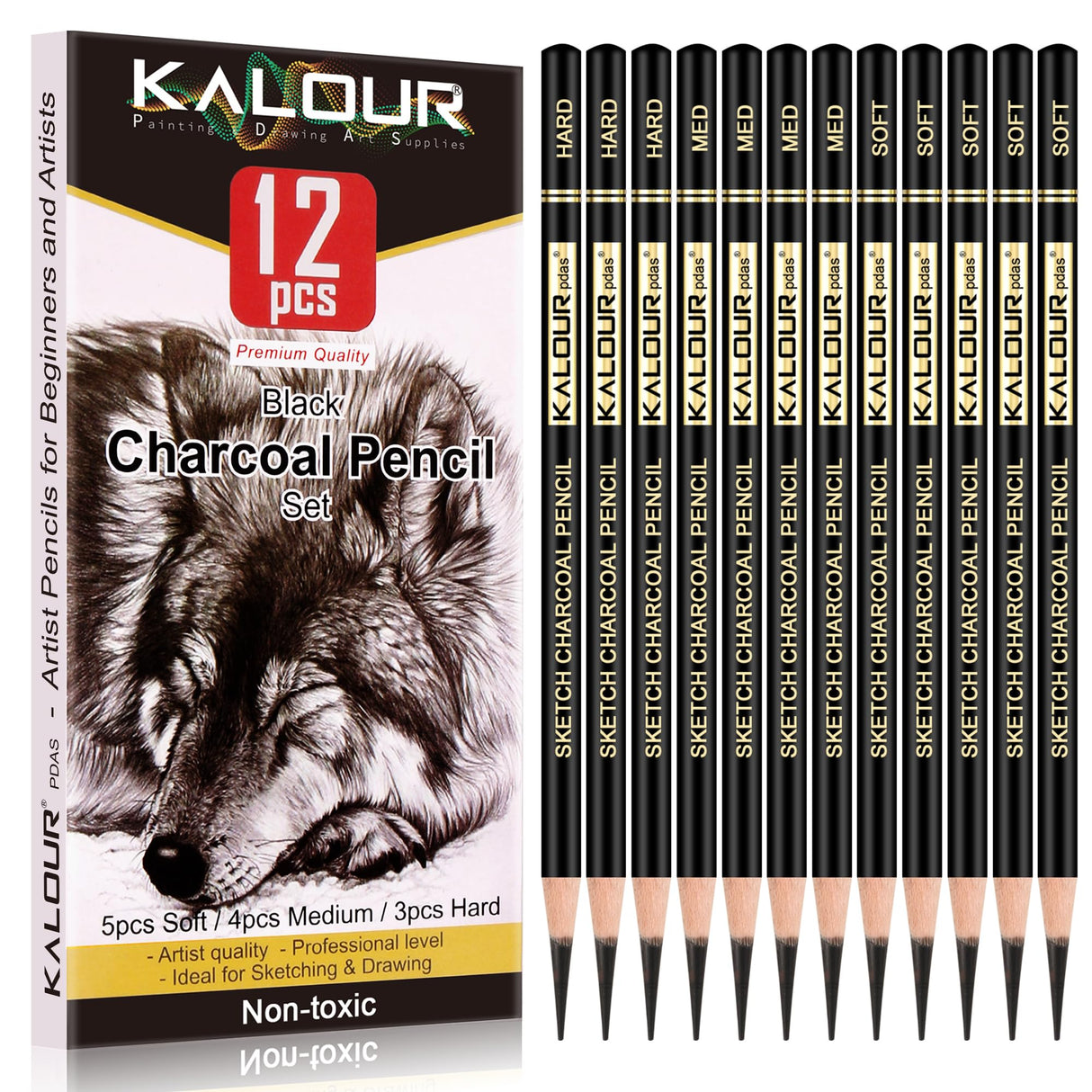 KALOUR Professional Charcoal Pencils Drawing Set -12 Pieces Soft, Medium and Hard Charcoal Pencils for Drawing, Sketching, Shading, Artist Pencils for Beginners & Artists KALOUR