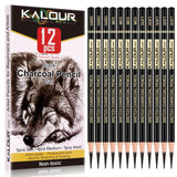 KALOUR Professional Charcoal Pencils Drawing Set -12 Pieces Soft, Medium and Hard Charcoal Pencils for Drawing, Sketching, Shading, Artist Pencils for Beginners & Artists KALOUR