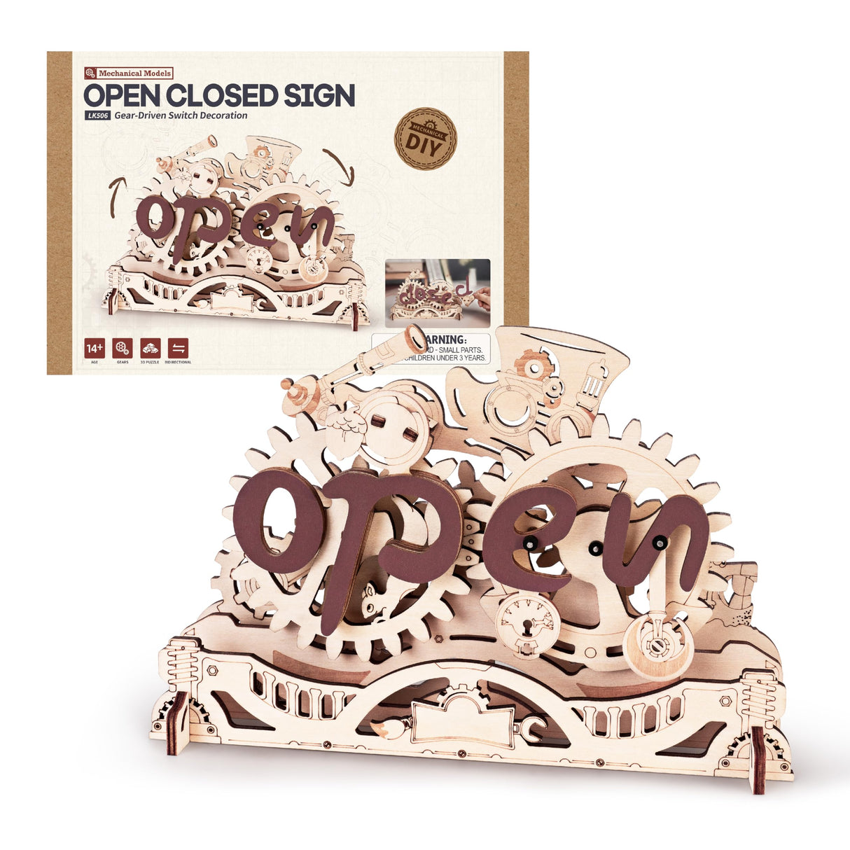 ROBOTIME LK506 Open Closed Sign 3D Puzzle, Mechanical Wooden Model to Build for Beginners, Wooden Puzzles for Adults & Teens, Home Office Cafe Aesthetic Decor Unique Gift ROBOTIME