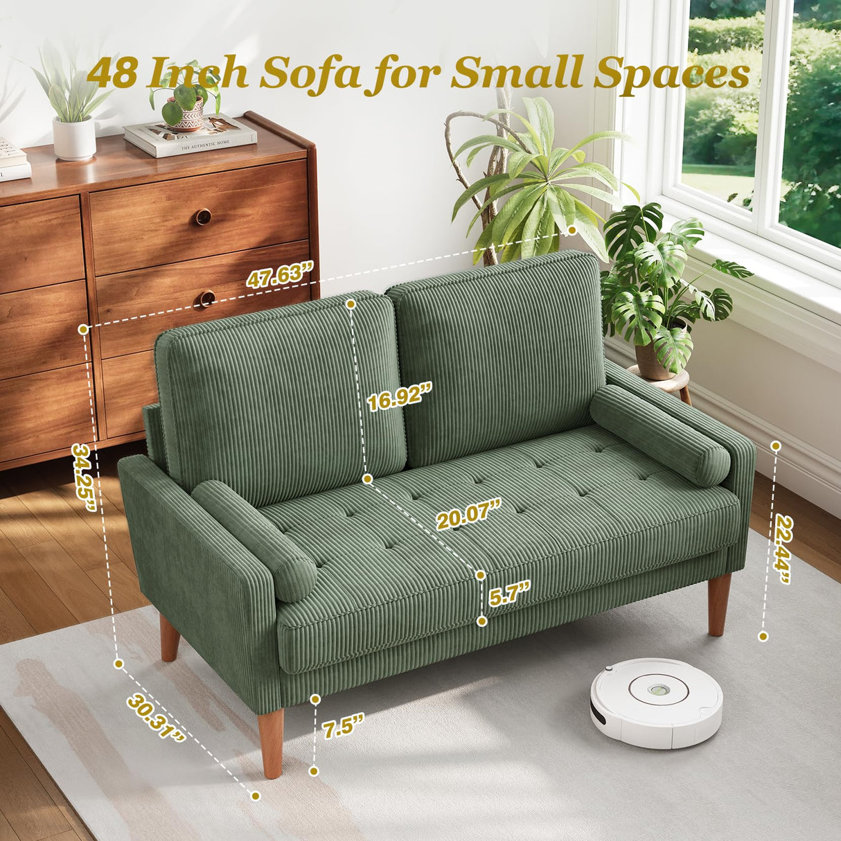 Loveseat Sofa with Solid Wood Legs,48" Small Corduroy Couches for Small Spaces, Mid Century Modern Love Seat for Living Room, Bedroom, Easy Assembly with Throw Pillow, Green Vesgantti