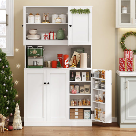ONBRILL 71" Tall Kitchen Pantry Storage Cabinet with Microwave Stand & Door Shelf, Freestanding Kitchen Hutch with 6 Doors and Adjustable Shelves, Modern Food Pantry for Kitchen, Dining Room, White ONBRILL
