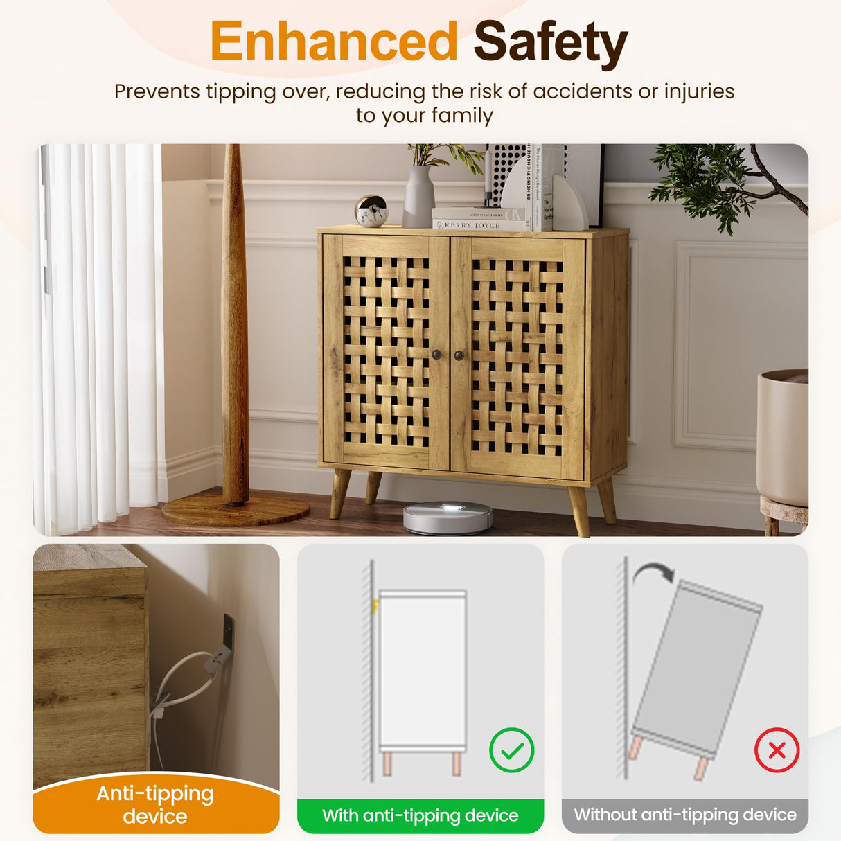 RoyalCraft Rattan Accent Cabinet with Doors, Farmhouse Buffet Entryway Cabinet with Oak Legs for Living Room, Natural Wooden Decorative Sideboard with Adjustable Shelf RoyalCraft