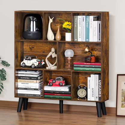 LEYAOYAO 8-Cube Rustic Brown Mid-Century Modern Bookshelf with Legs - 3-Tier Storage Organizer - WoodArtSupply