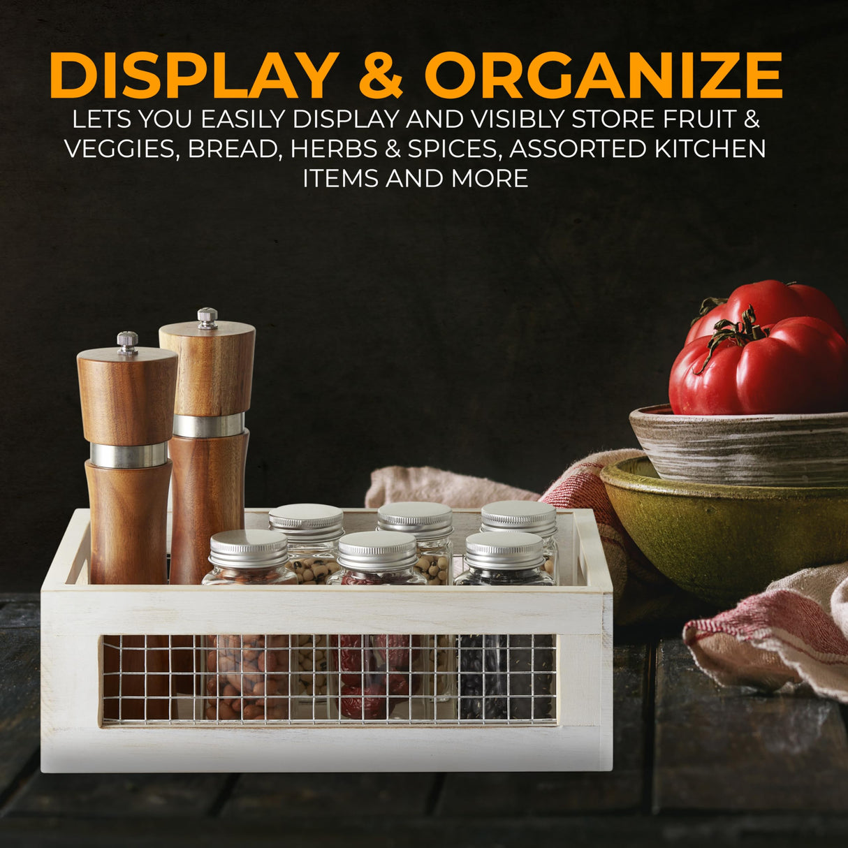 NAGAWOOD Wooden Countertop Baskets Set of 2 for Kitchen, Bathroom, Pantry|Wall Mount Upgrade with Full Accessories| Rustic Nesting Boxes|Wooden Organizer Crates for Fruit, Vegetables, Produce, Bread NAGAWOOD