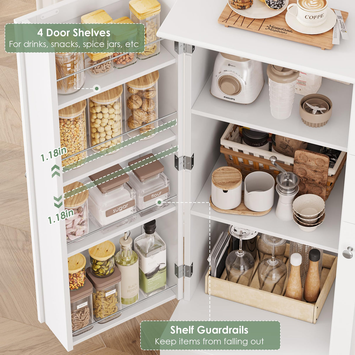 BOTLOG 72" Pantry Cabinet, Tall Storage Cabinet with Microwave Stand, Modern Kitchen Hutch with Glass Doors and Adjustable Shelf for Kitchen, Dining Room, White BOTLOG