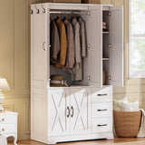 LIKIMIO Wardrobe Closet with 5 Cabinet Doors and 3 Drawers, Large-Capacity Deep Armoire for Bedroom with 3 Side Hooks, Hanging Rod and Anti - tip Kit, White LIKIMIO