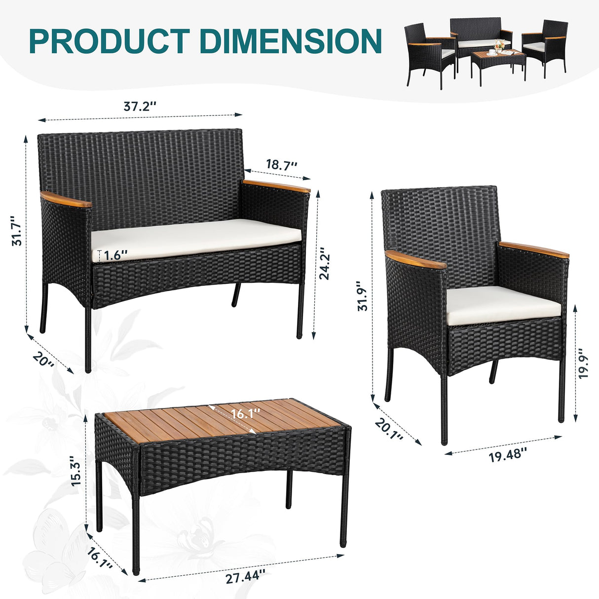 JAMFLY Patio Furniture Set 4 Piece Conversation Set Outdoor Wicker Rattan Chairs Backyard Pool Garden Porch Balcony Patio Loveseat with Cushions and Table, Black/Beige JAMFLY