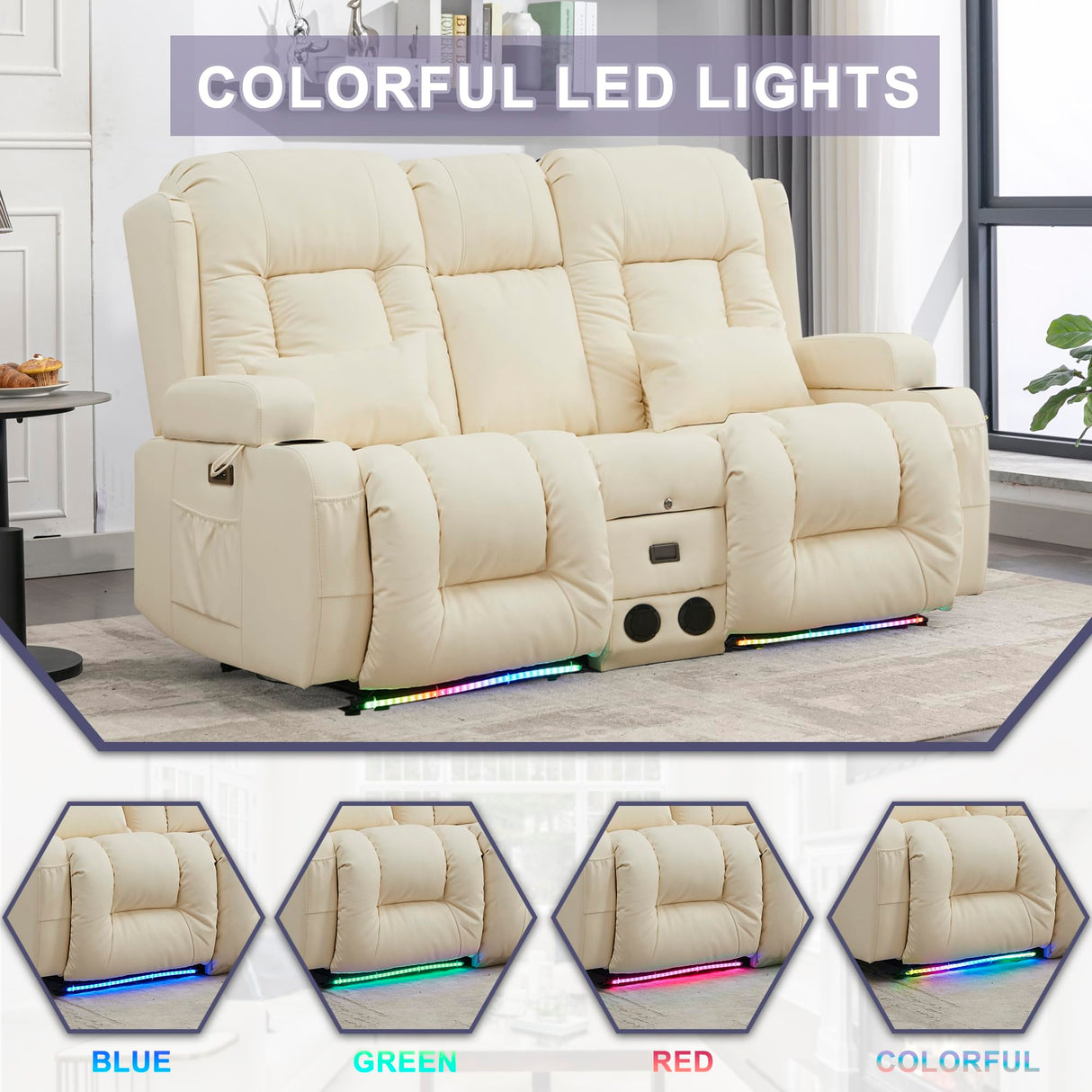 URRED Power Loveseat Recliner Sofa, RV Recliner Chair Home Theater Seating with Flipped Middle Backrest Console, LED Ambient Light, Bluetooth Speakers, USB, Built-in Outlets (Faux Leather, Beige) URRED