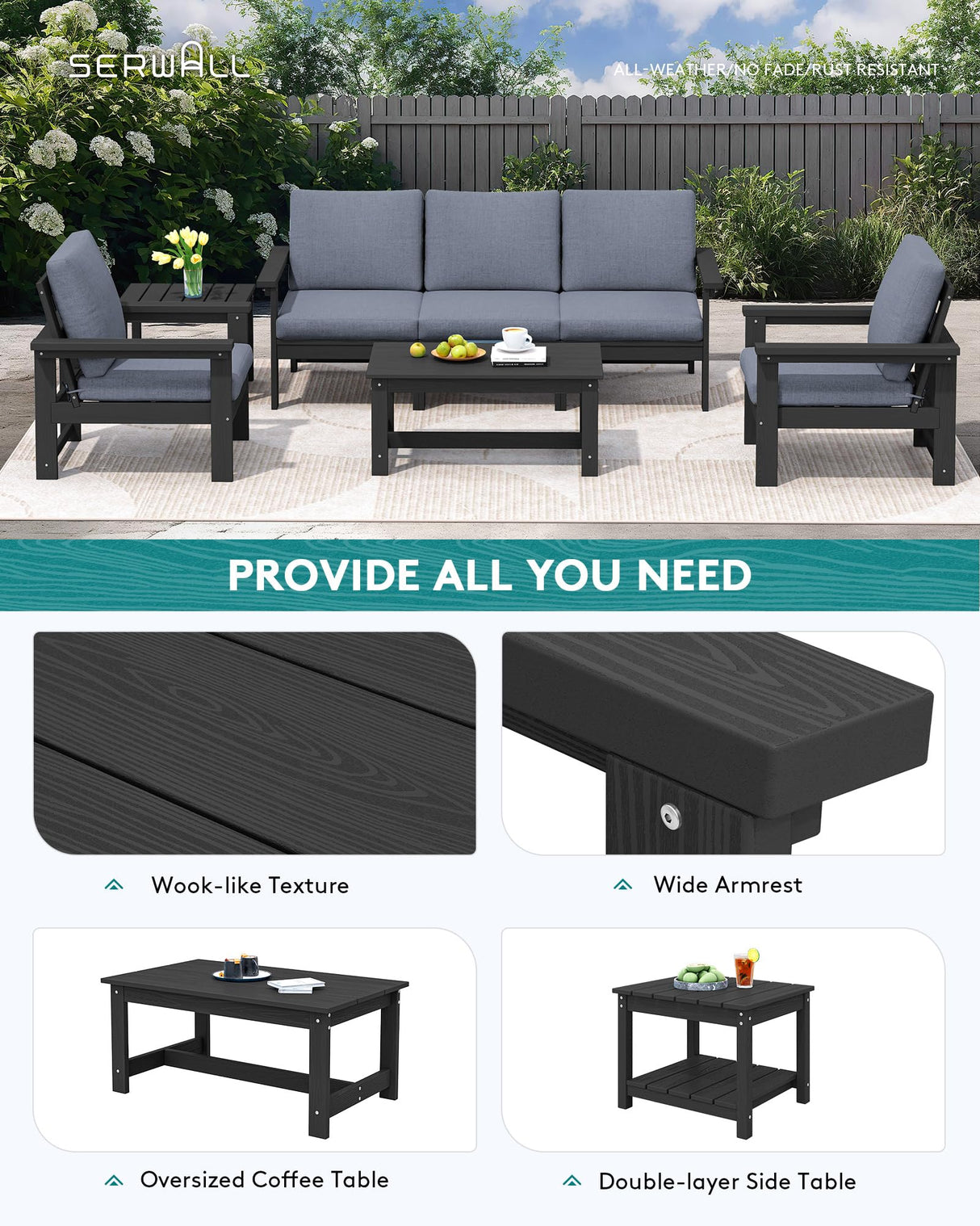 SERWALL HDPE Patio Furniture Set, 7-Piece Outdoor Sectional Sofa Set, All Weather Outdoor Couch Set for Deck, Lawn, Black Frame with Grey Cushion SERWALL