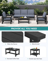 SERWALL HDPE Patio Furniture Set, 7-Piece Outdoor Sectional Sofa Set, All Weather Outdoor Couch Set for Deck, Lawn, Black Frame with Grey Cushion SERWALL