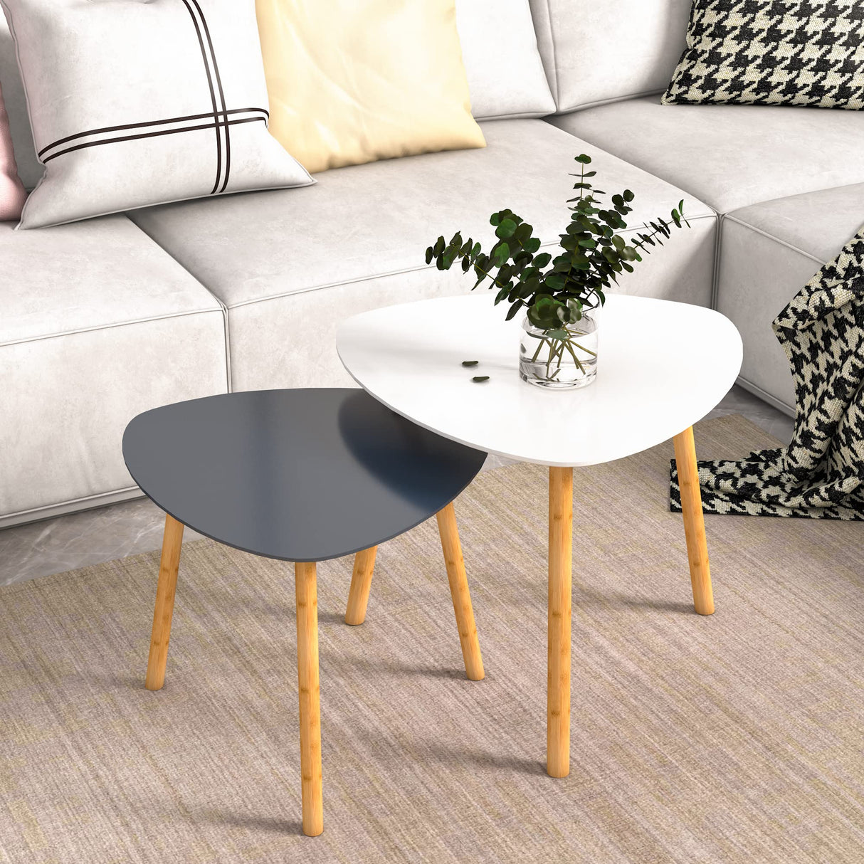 Bambloom Bamboo Nesting Coffee Tables - Small Coffee Table for Living Room, Set of 2 Triangle End Table Modern Side Table for Bedroom Apartment Balcony Yard Small Spaces, (White & Gray) Bambloom