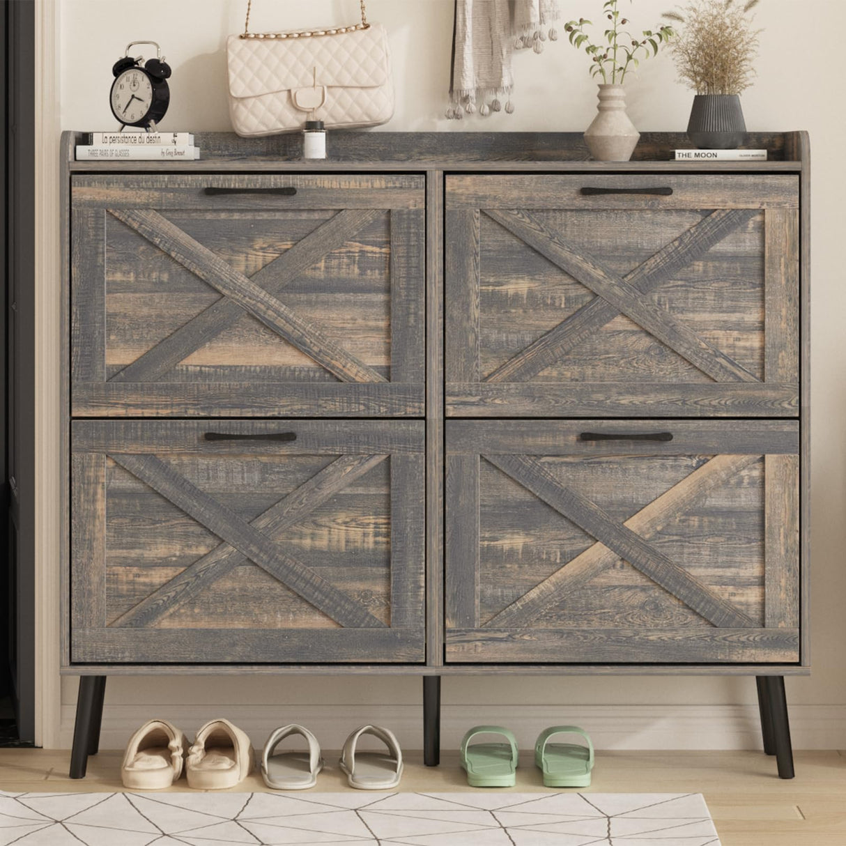 Maupvit Large Shoe Cabinet with 4 Flip Drawers, Freestanding Shoe Cabinet Organizer with Metal Drawer Bracket, Shoes Storage Cabinet for Entryway, Maupvit