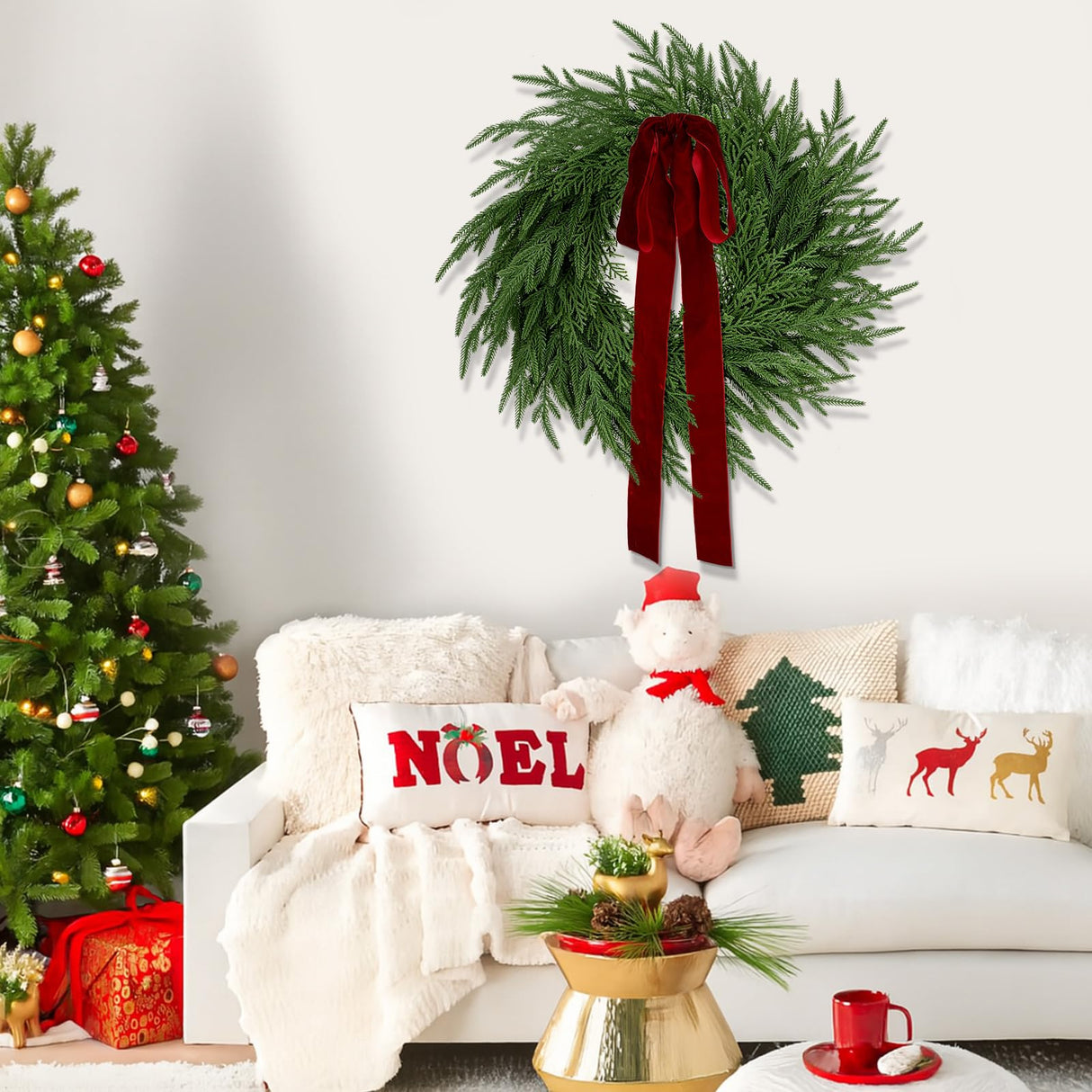 ENVEN Artificial Norfolk Pine & Cedar Christmas Wreath with Velvet Bow – Real Touch Faux Greenery Holiday Front Door Decoration for Indoor Outdoor Use ENVEN