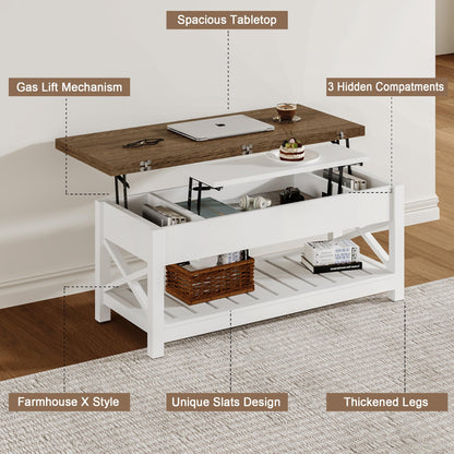 ChooChoo Farmhouse Lift Top Coffee Table, Multi-Function Convertible Coffee Table with Storage and Hidden Compartment, Coffee Table Converts to Dining Table for Living Room, 40 White & Brown - WoodArtSupply