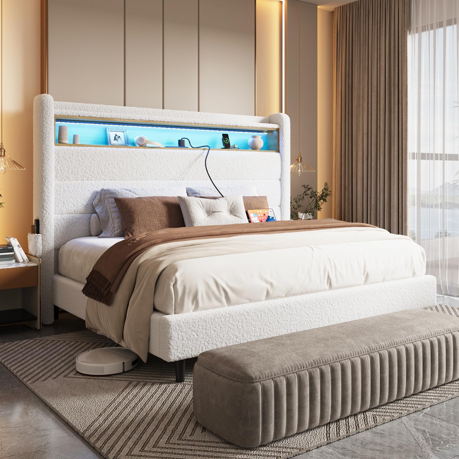 Jocisland Queen Upholstered Bed Frame with LED Lights and Charging Station - Boucle White Wingback Design - WoodArtSupply