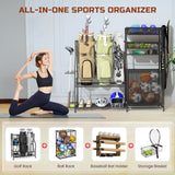 Homiesetify Garage Sports Equipment Organizer, 3 Golf Bag Organizer Stand Heavy-Duty Ball Storage Rack with Basket and Hooks, Ball Storage Cart for Toy Sports Gear Storage, Black (Large) Homiesetify