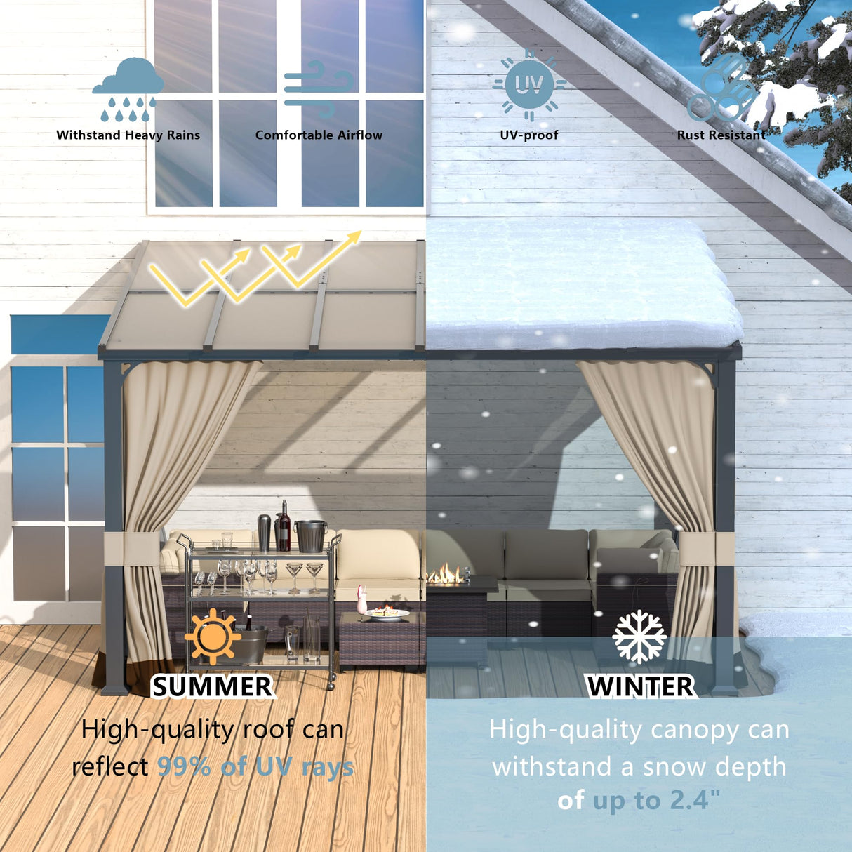 Kurapika 10’ x 12’ Wall Mount Gazebo Outdoor Pergola, Hardtop Lean to Gazebo Canopy Awnings with Sloped Roof and Sturdy Steel Frame, for Patio, Porch, Deck, Backyard(Sand) Kurapika