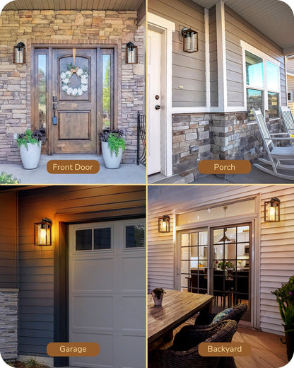 EDISHINE Dusk to Dawn Outdoor Wall Lights, Farmhouse Exterior Lighting Fixtures with Seeded Glass, Wood Grain Finish Porch Light Wall Mount Lantern Waterproof Outside Wall Sconce Lamp, E26 Ba - WoodArtSupply