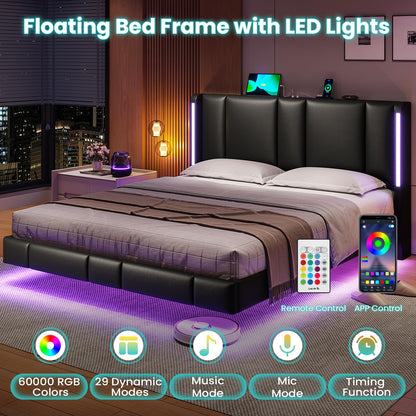 MSmask Floating Queen Bed Frame with LED Lights, Faux Leather Headboard & USB Ports - WoodArtSupply