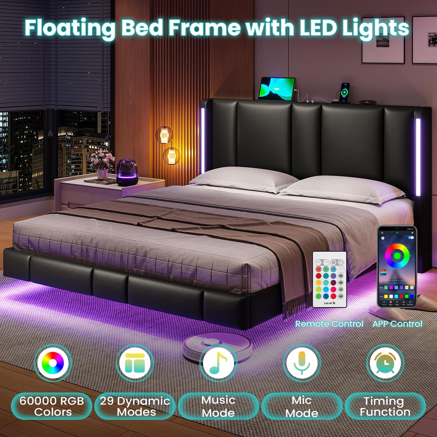 MSmask Floating Full Size Bed Frame with LED Lights, USB Ports, and No Box Spring Needed - Black - WoodArtSupply