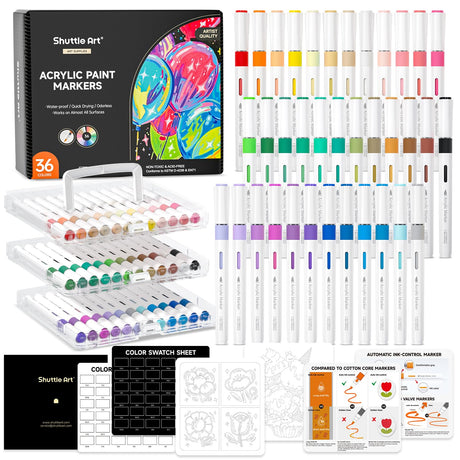 Shuttle Art Automatic Ink Control Acrylic Paint Markers, 36 Colors Brush Tip Acrylic Paint Pens for Rock Painting, Ceramic, Wood, Canvas, Glass, Stone, Fabric, Card Making, DIY & Art Supplies Shuttle Art