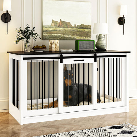 DAWNSPACES Extra Large Dog Crate Furniture, 55" Indoor Heavy Duty Dog Kennel House with Sliding Doors, Furniture Style Dog Crate Table Side End Table TV Stand for XL Large Medium Breed Dogs, White DAWNSPACES