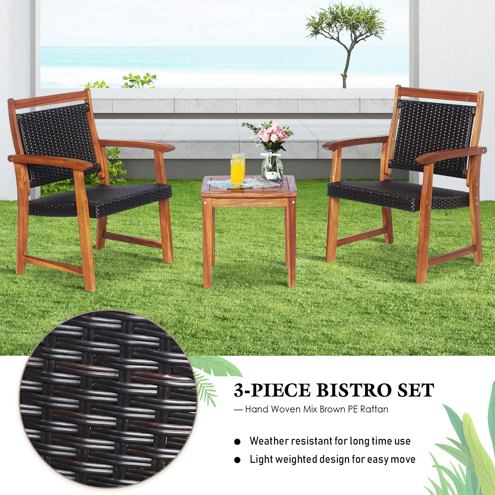 Tangkula 3-Piece Patio Acacia Wood Bistro Set, Patiojoy Outdoor Furniture Set with 2 Chairs & 1 Side Table, Weather Resistant Rattan Garden Conversation Chair Set for Pool Side, Deck, Balcony - WoodArtSupply