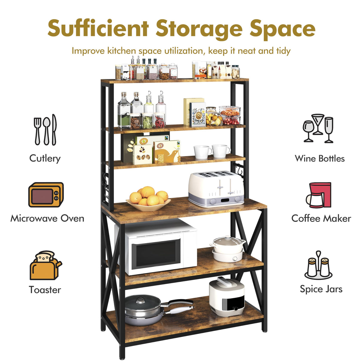 Yaheetech 6-Tier Kitchen Bakers Rack, 31.5 Inch Coffee Bar Table, Farmhouse Microwave Oven Stand Cabinet for Small Spaces, Corner Organizer Storage Shelf for Spices and Pots Rustic Brown Yaheetech