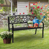 VINGLI Outdoor Bench with PVC Back Pattern, Metal Garden Bench Black Steel Welcome Bench for Patio, Porch, Deck, Yard, Lawn Decor Entryway VINGLI