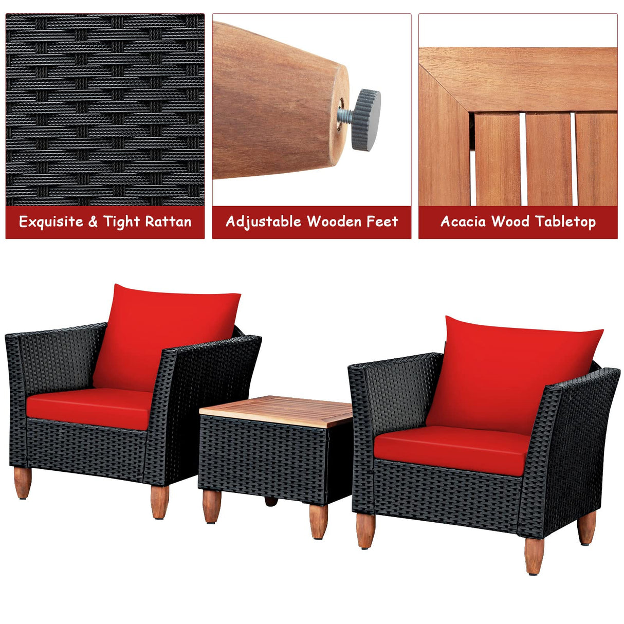 COSTWAY 3PCS Outdoor Patio Rattan Furniture Set Wooden Table Top Cushioned Sofa Red COSTWAY
