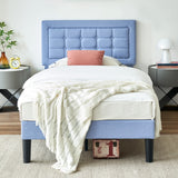 VECELO Twin Size Bed Frame with Adjustable Headboard, Upholstered Button Tufted Platform Bedframe with Wood Slats Support, No Box Spring Needed, Light Blue VECELO