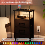 LAKEMID Night Stand Set 2 with Charging Station, End Table Set of 2 with 20 Colors LED Light Strip 3 Drawers, Side Tables Bedroom with USB Ports and Outlets for Living Room, Office (Black) LAKEMID