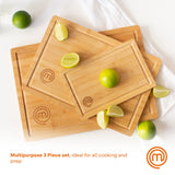 MasterChef Cutting Boards for Kitchen, Bamboo Chopping Board Set of 3, Organic Food Safe Surfaces for Preparing & Serving Meat, Cheese etc, Large, MasterChef