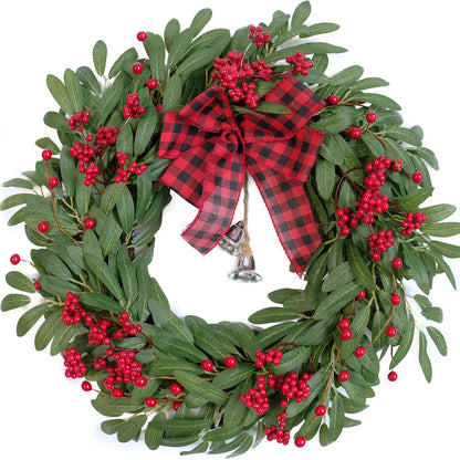 Bibelot Christmas Olive Wreath for Front Door Christmas Red Berry Wreath, Winter Bowknot Leaves Wreath with Red Berry and Jingle Bell Farmhouse Front Door Wreath