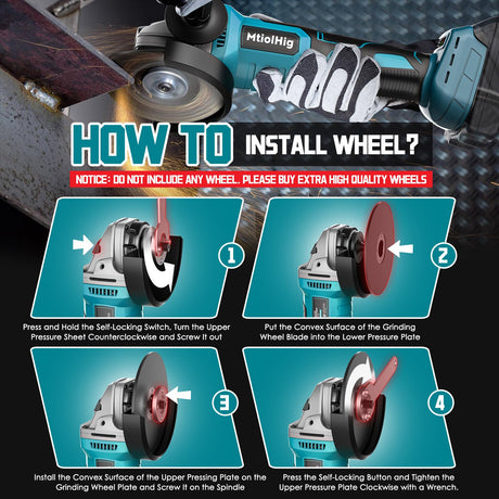Cordless Angle Grinder for Makita 18v Battery: 8500RPM Brushless Grinder Tool- 5/8''-11 Spindle Small Angle Grinder for 4-1/2'' Wheels, 3 Variable Speed Settings for Cutting, Grinding, Bare Tool MtiolHig