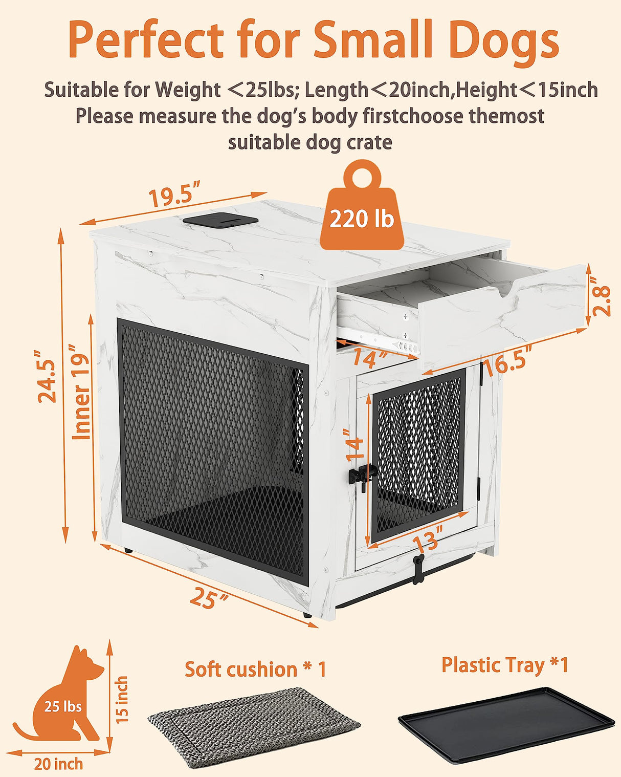 Piskyet Dog Crate Furniture,Wooden Dog Crate End Table with Storage Drawer&Cushion&Tray, QC3.0 Wireless Fast Charging&Dual USB, Dog Crate Indoor Kennel for Small Dogs - Marble White Piskyet