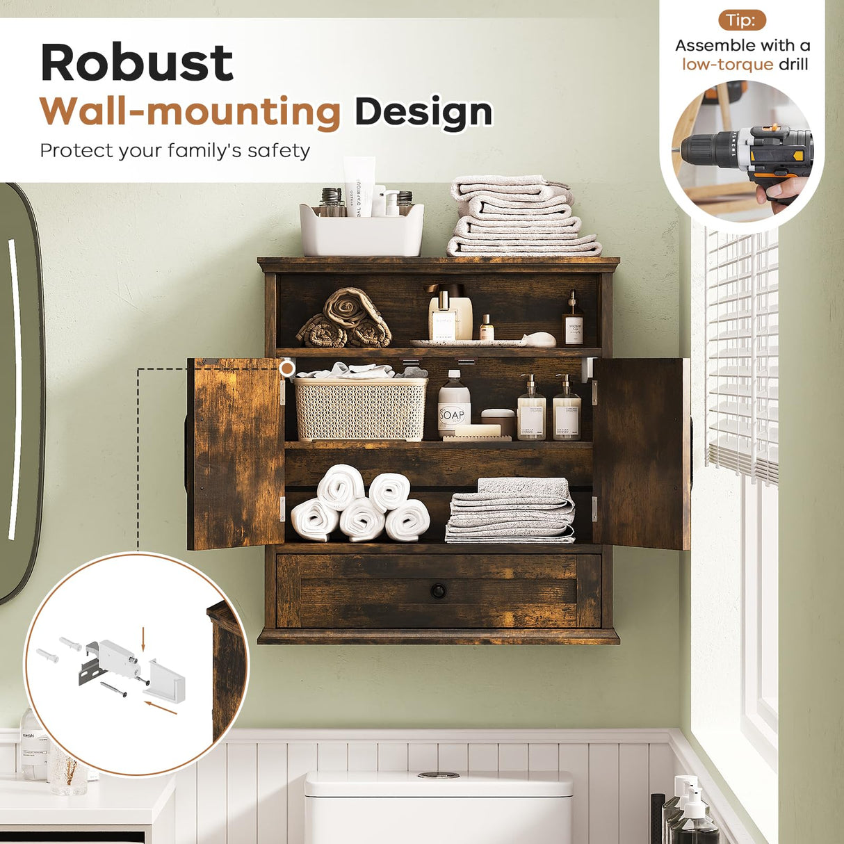 Bathroom Wall Cabinet, Wall Mounted Medicine Cabinet with Drawer, Barn Door & Adjustable Shelf, 24.4"H x 23.6"W x 9"D Rustic Brown Over Toilet Farmhouse Storage Cabinet for Kitchen, Laundry, Entryway Viroformo