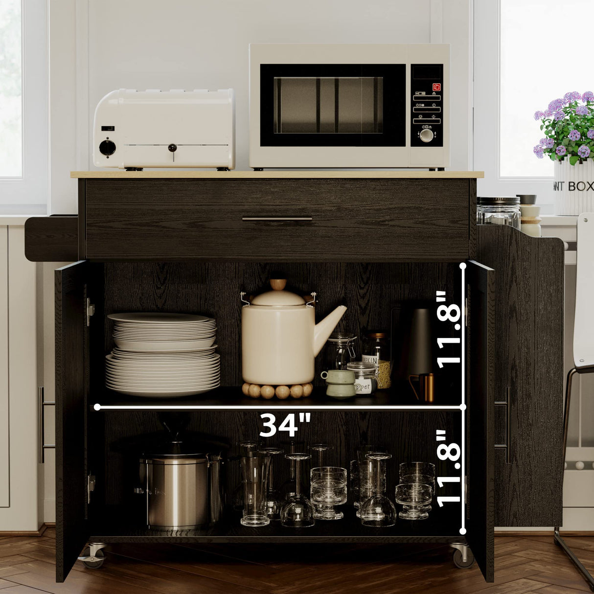 Rolling Kitchen Island with Drop Leaf, Storage Cabinet, and Charging Station - Black by IRONCK IRONCK