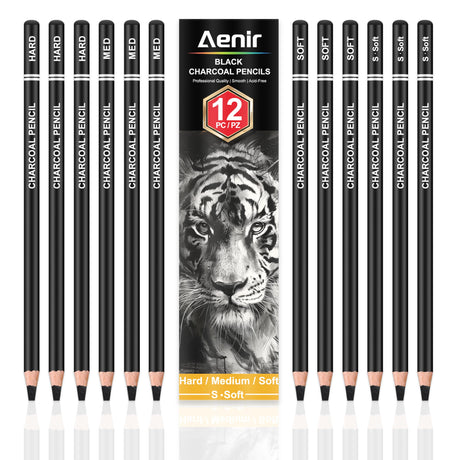 Charcoal Pencils for drawing, Set of 12, Charcoal Drawing Pencils (S-Soft, Soft, Medium, Hard), Art Supplies for Artist, Sketching, Shading Aenir