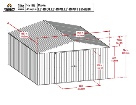 Arrow Shed Elite 14' x 16' Tall Outdoor Steel Storage Shed with High Gable and Lockable Doors Storage Building, Cool Grey Arrow
