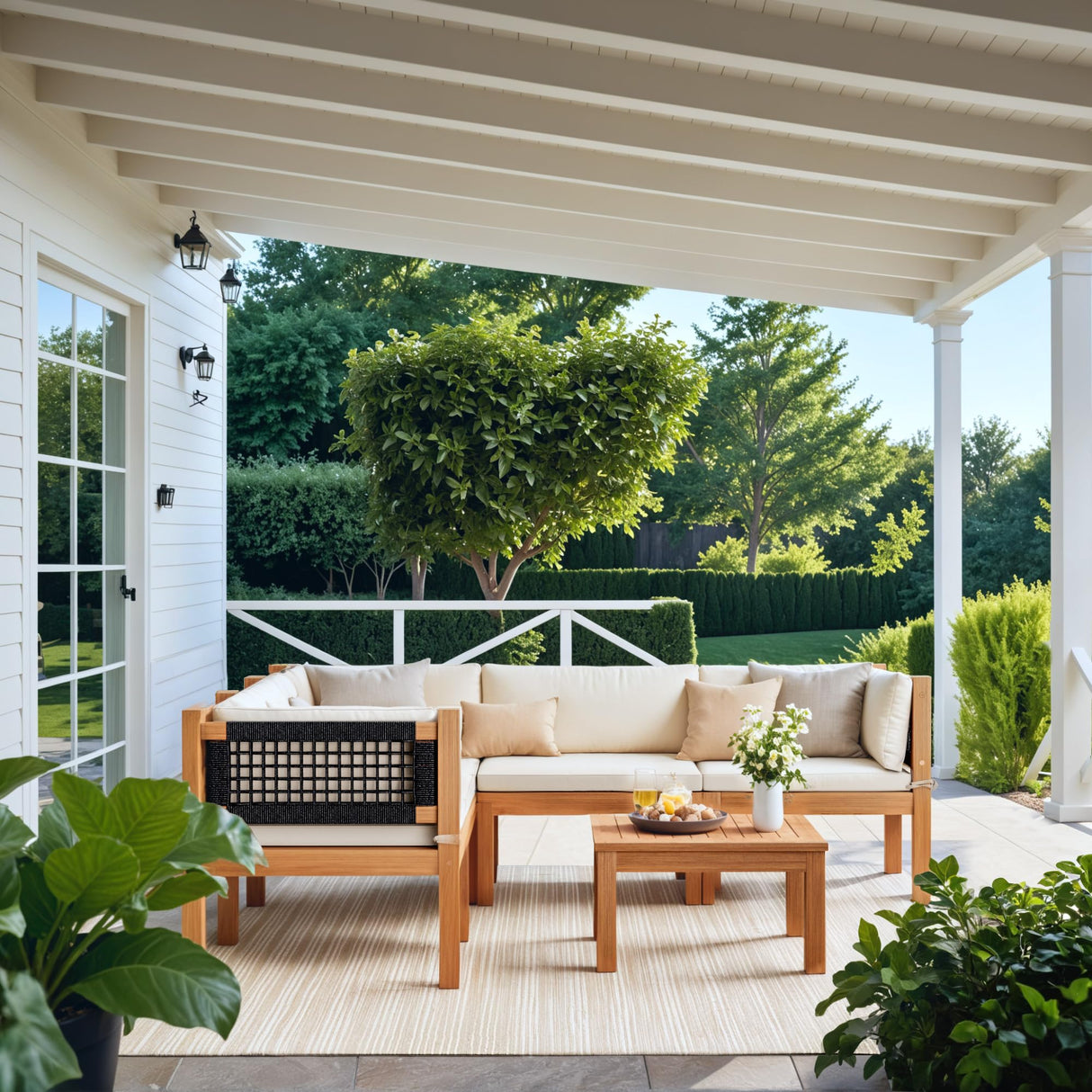 Devoko Outdoor Sectional Couch 6 Pieces Patio Sectional Sofa with Acacia Wood Coffee Table, Outdoor L-Shaped Couch with All-Weather Cushion for Patio,Deck,Backyard(White) Devoko