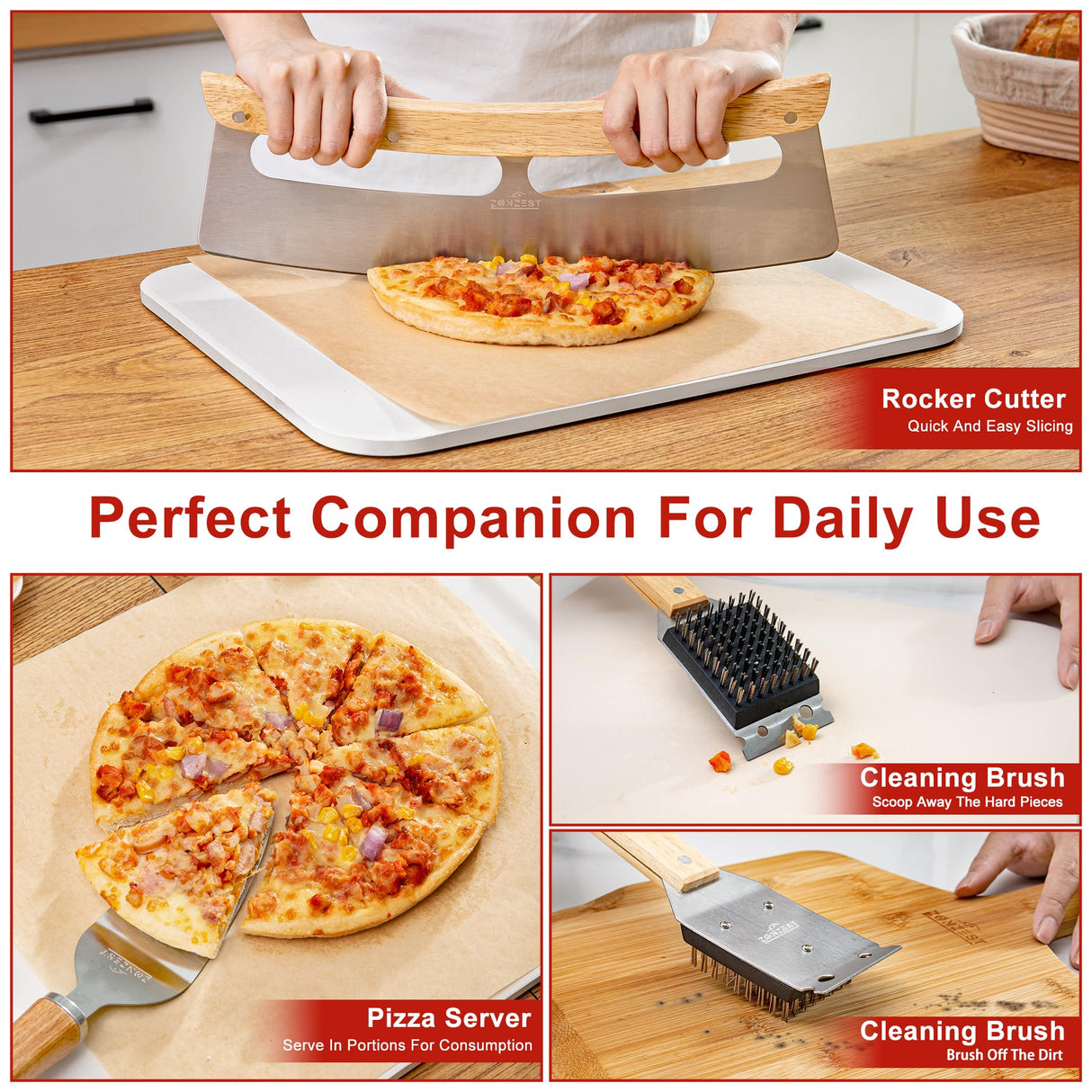 Zonzest Pizza Stone Set 8PCS – Professional 15" Large Pizza Stone for Oven and Grill With Pizza kit, Pizza Cutter, Server, Pizza Peel, Gloves, Baking Paper Baking Stone for Grill -Pizza Peel Set ZONZEST