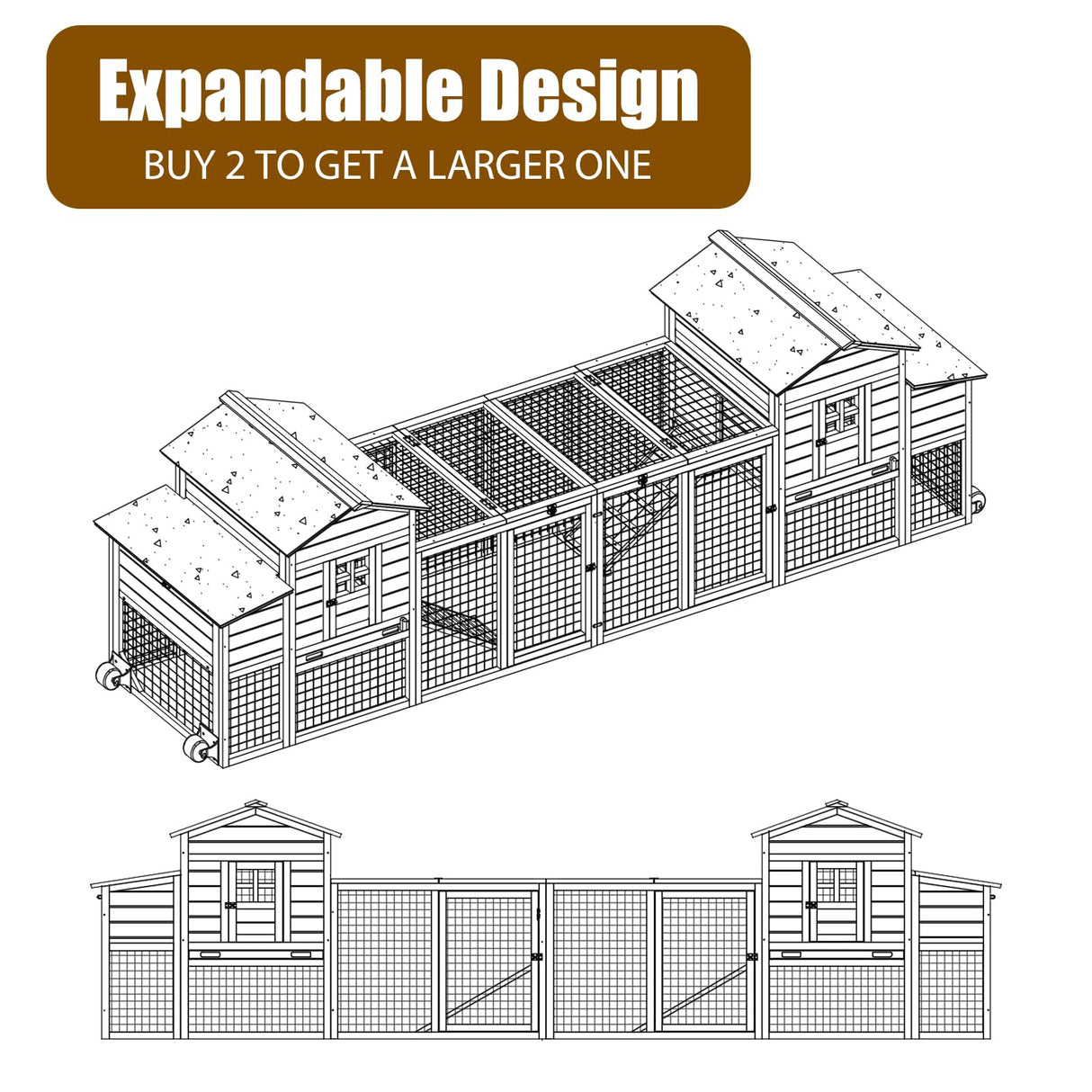 Gowoodhut Chicken Coop Solid Wood with Large Run Cage 2 Stories - Asphalt Roof, Nest Box, Pu Wheels, Expandable Solid Wood Cage Gowoodhut