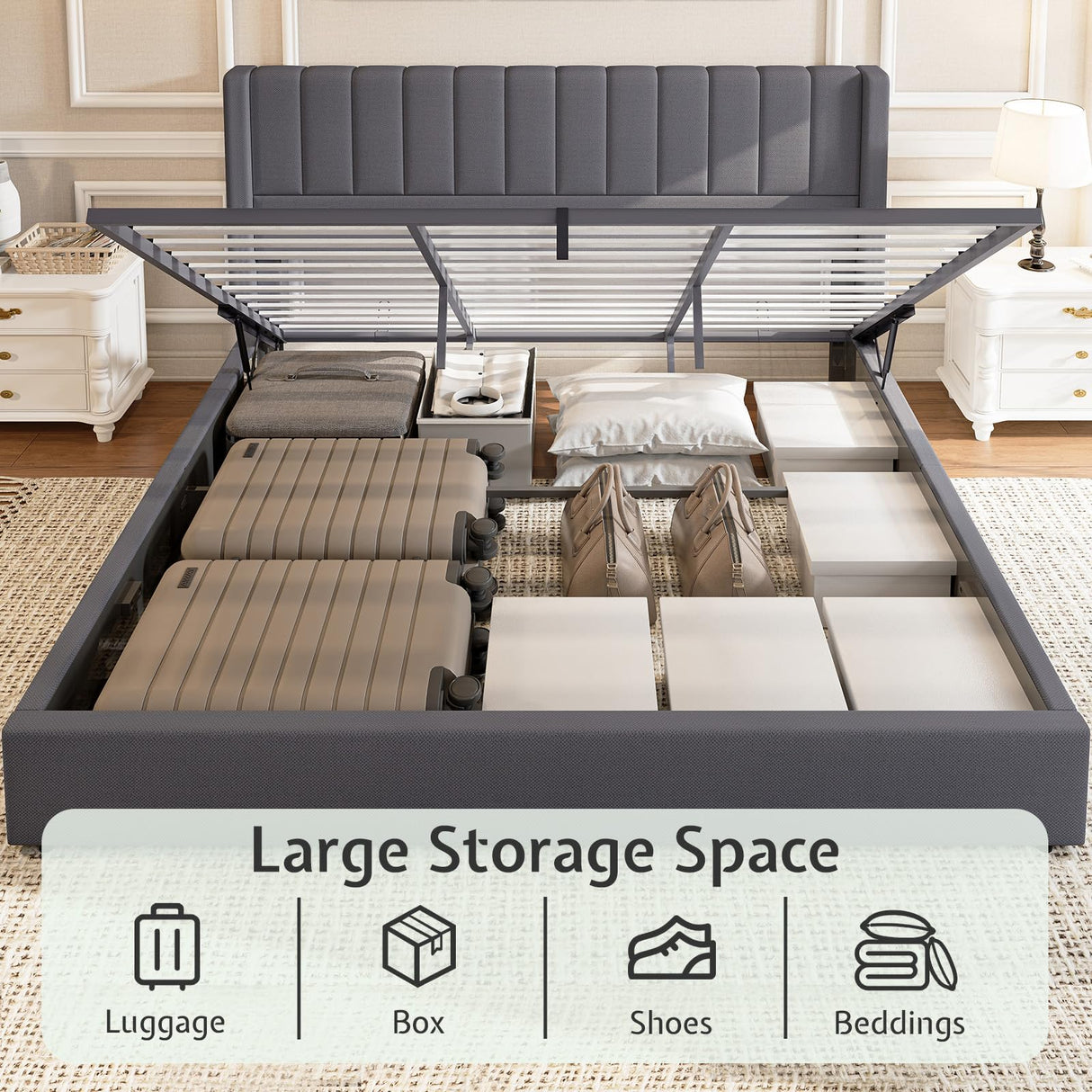 Jocisland King Size Lift Up Storage Bed Frame, Linen Upholstered Platform Bed with Vertical Channel Tufted Headboard and Wingback, Hydraulic System, No Box Spring Needed, Wood Slats Support, Dark Grey Jocisland