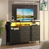 KUREEISE TV Stand Dresser with Charging Station& LED Lights, 9 Drawers Dresser with Open Storage Shelf & Side Pocket, 51" Media Console with PU Finish, for 32-60 Inch TVs, for Living Room, Hallway KUREEISE