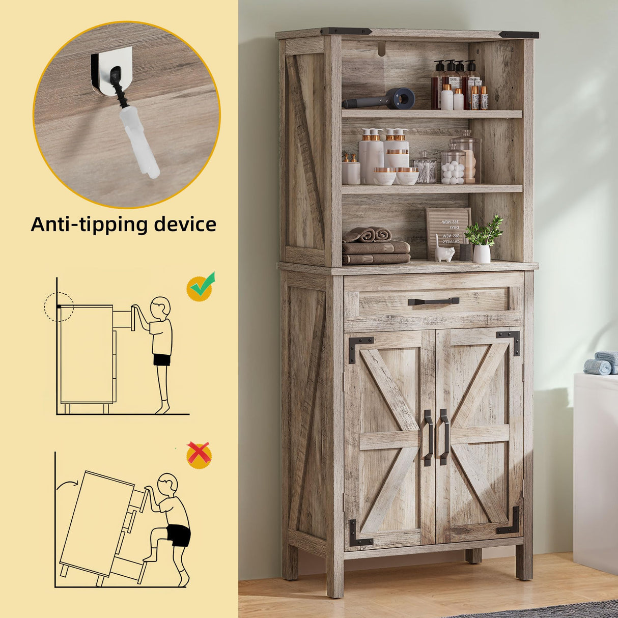 DWVO Farmhouse Storage Cabinet, Small Bathroom Storage Cabinet with Doors and Shelves, 58" Tall Multi-Functional Accent Cabinet for Dining Room, 58" H x23.6 W, Washed Grey DWVO