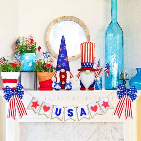 4th of July Patriotic Gnome Decorations, 2 PCS Handmade Mr & Mrs USA Swedish Tomte Gnomes Plush Table Ornaments Gift for Independence Day Memorial Day Presidents Day Veterans Day Armed Forces Day HALOGATE