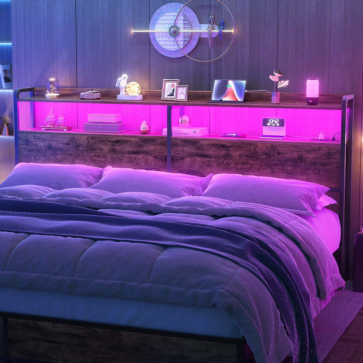 Aheaplus Rustic Brown King Size Headboard with USB Ports, LED Lights, and Storage Solutions Aheaplus