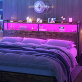 Aheaplus Rustic Brown King Size Headboard with USB Ports, LED Lights, and Storage Solutions Aheaplus